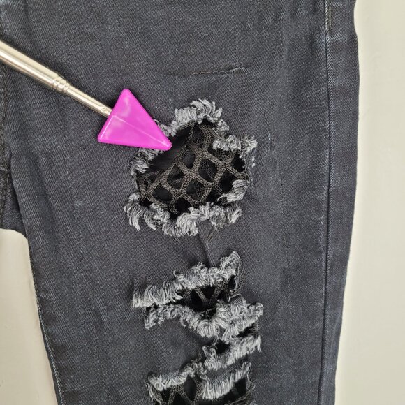 Killstar Trash Talk Skinny Jeans O-Ring Fishnet Distressed Goth Black Size XS - Picture 10 of 15